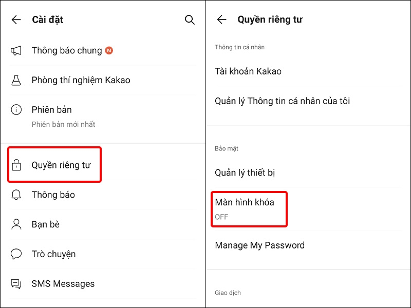 Nhấn vào mục Quyền riêng tư và chọn Màn hình khóa