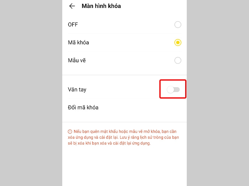 Kích hoạt tính năng bảo mật bằng vân tay