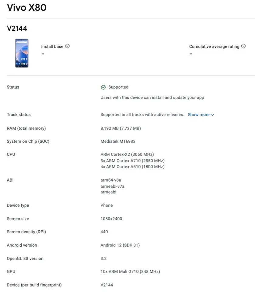 Vivo X80 được xác nhận dùng chip Dimensity 9000 trên danh sách Google Play Console Vivo X80 được xác nhận dùng chip Dimensity 9000 trên danh sách Google Play Console