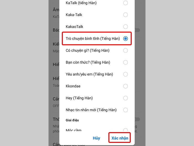 Chọn Âm thanh thông báo bạn muốn và nhấn vào Xác nhận