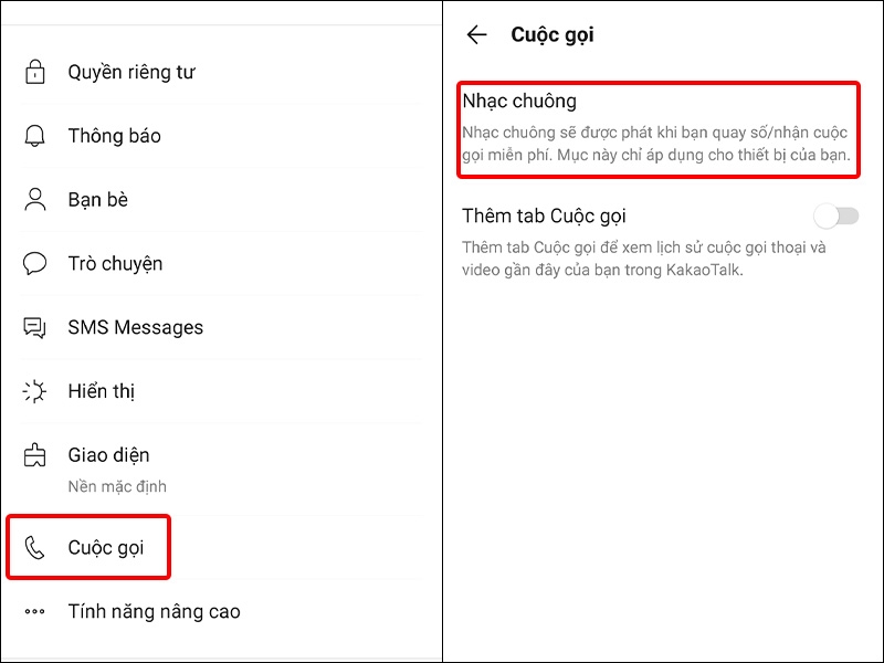Nhấn vào Cuộc gọi và chọn Nhạc chuông