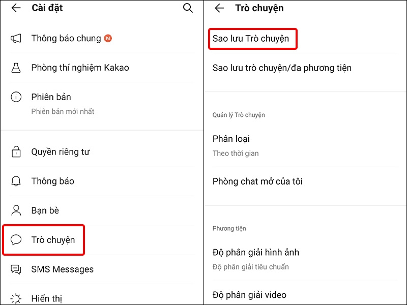Nhấn vào mục Trò chuyện và chọn Sao lưu Trò chuyện