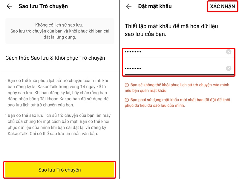 Nhấn vào Sao lưu Trò chuyện và nhập Mật khẩu của bạn