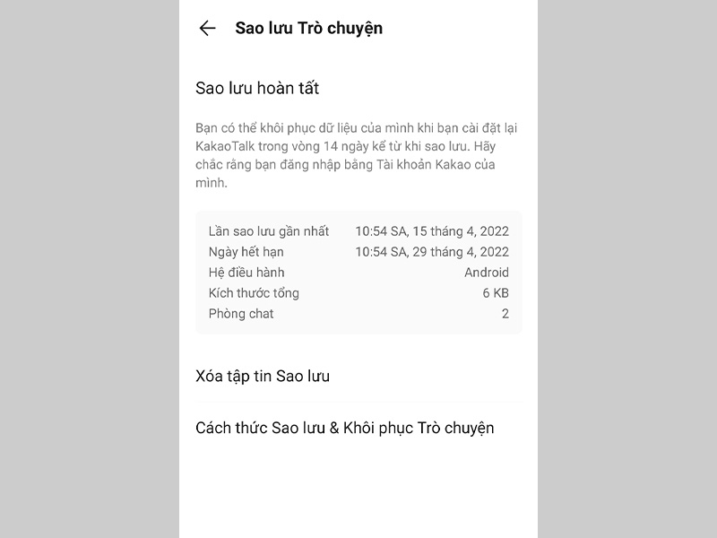 Sao lưu tin nhắn hoàn tất