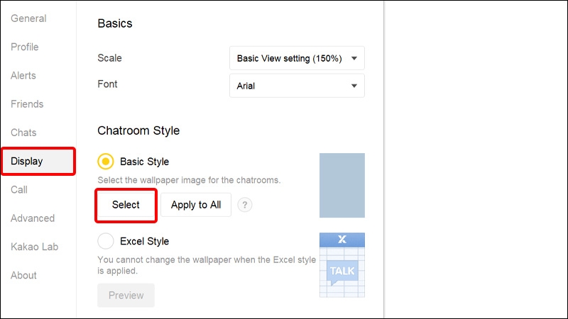 Nhấn vào tab Display và chọn Select