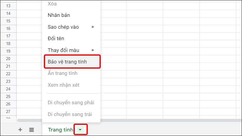 Chọn Bảo vệ trang tính
