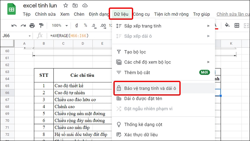 Nhấn vào Dữ liệu và chọn Bảo vệ trang tính và dải ô