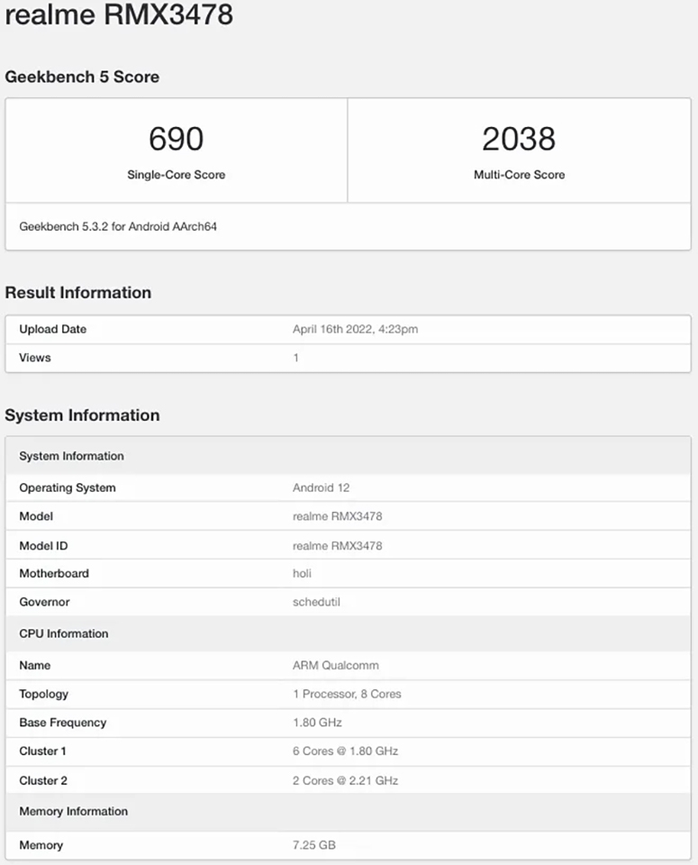 Realme Q5 xuất hiện trên Geekbench (ảnh 1) Realme Q5 xuất hiện trên Geekbench (ảnh 1)
