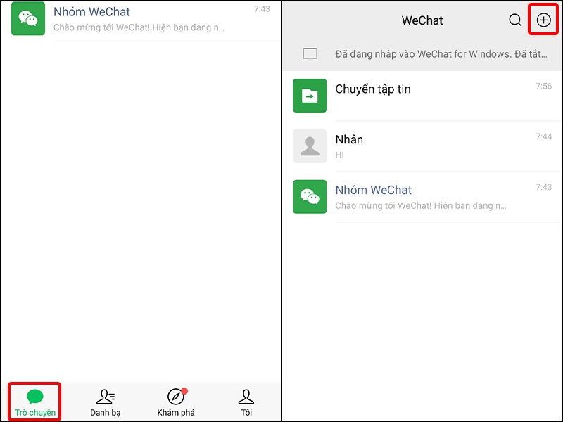 Chọn tab Trò chuyện và nhấn vào biêu tượng dấu +