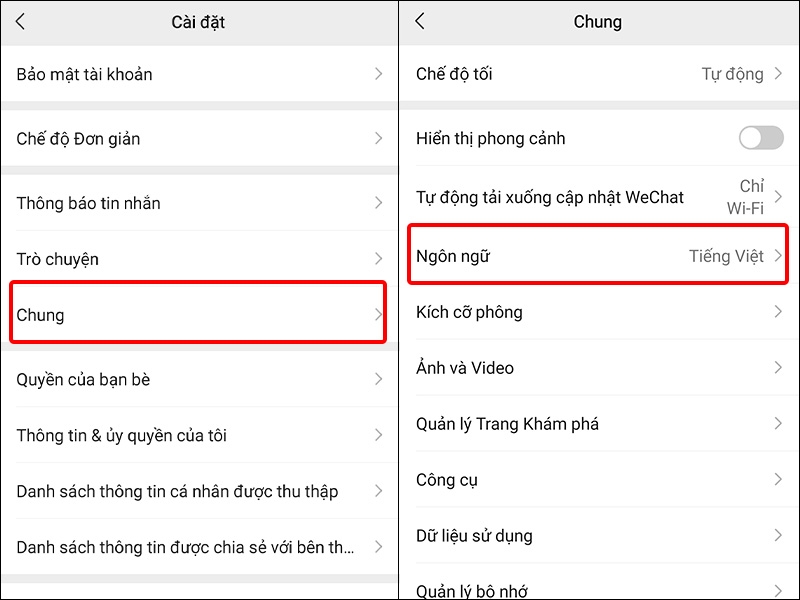 Nhấn vào Chung và chọn Ngôn ngữ