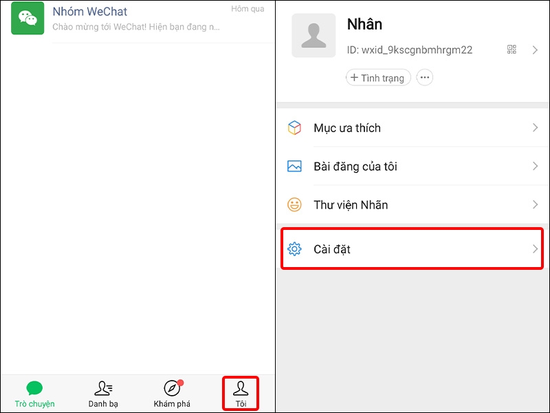 Nhấn vào Tôi và chọn Cài đặt