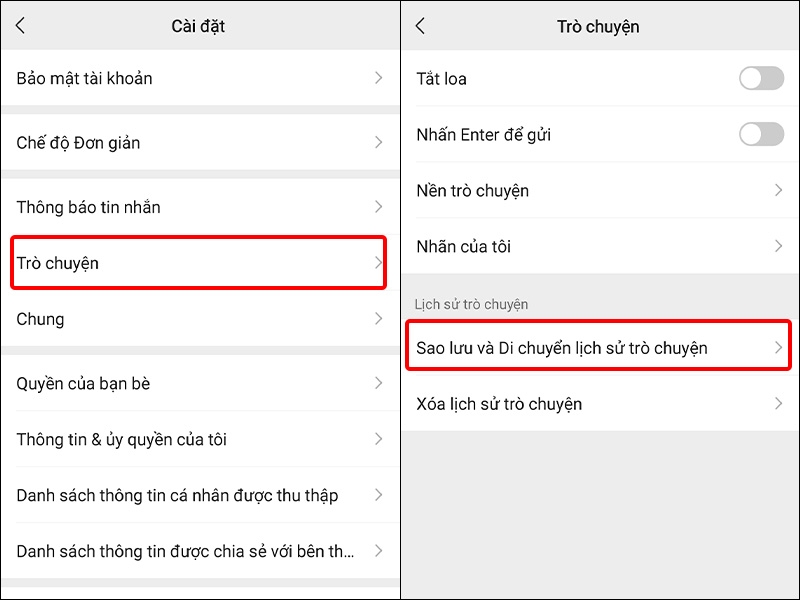 Nhấn vào Trò chuyện và chọn Sao lưu và Di chuyển lịch sử trò chuyện
