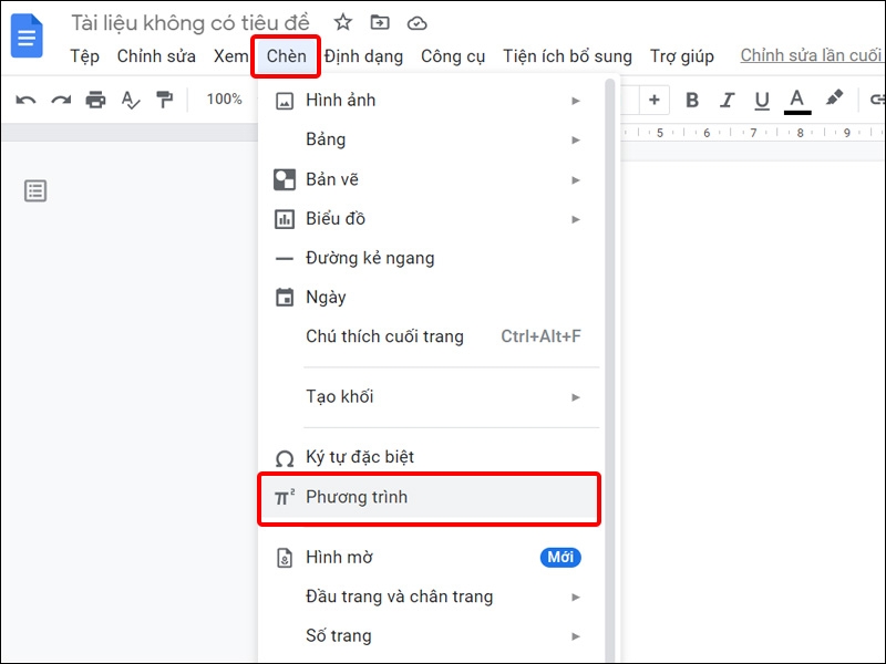 Nhấn vào Chèn và chọn Phương trình