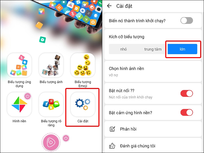 Nhấn vào Cài đặt và chọn Kích thước biểu tượng