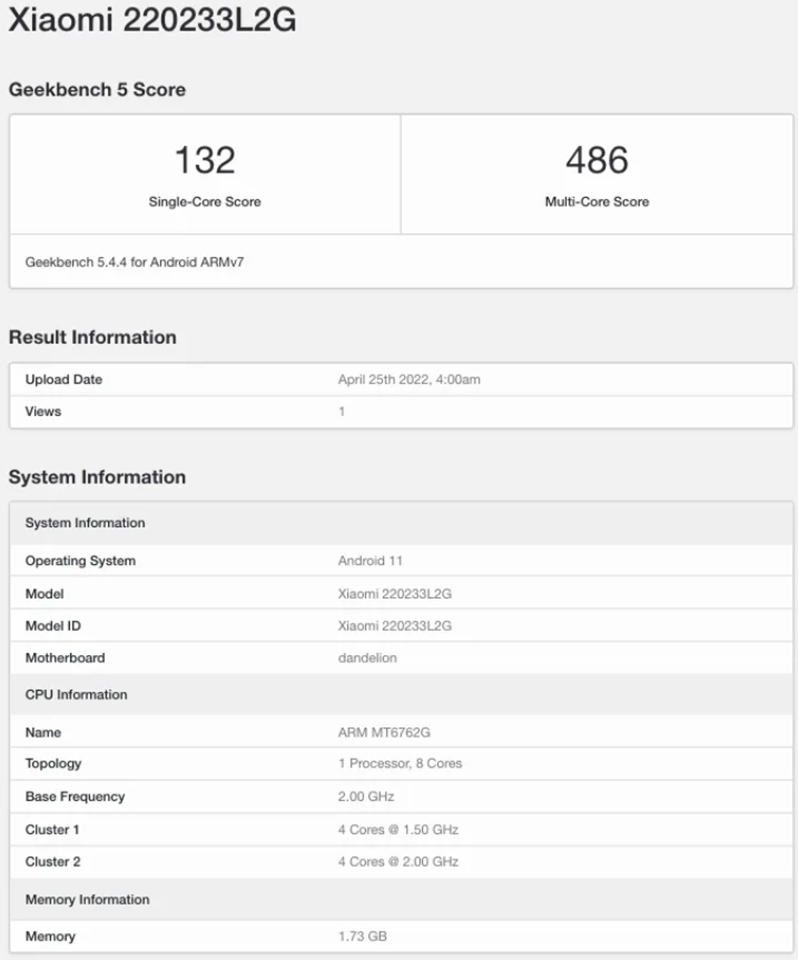 Biến thể toàn cầu của Redmi 10A được phát hiện trên Geekbench