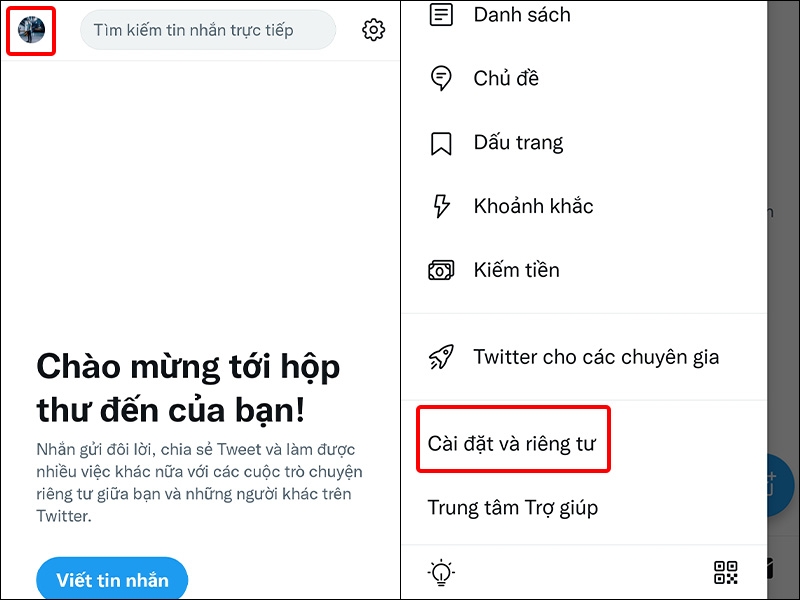 Nhấn vào biểu tượng Tài khoản và chọn Cài đặt và riêng tư