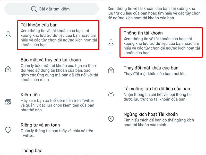 Nhấn vào mục Tài khoản của bạn và chọn Thông tin tài khoản