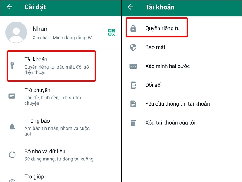 Nhấn vào Tài khoản và chọn Quyền riêng tư