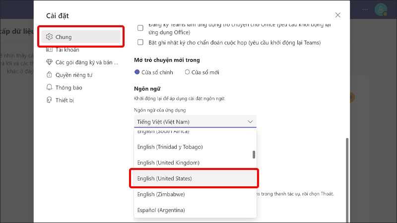 Nhấn vào Chung và chọn Ngôn ngữ bạn muốn thay đổi