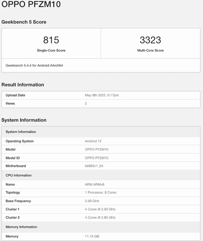 OPPO PFZM10 với Dimensity 8100 xuất hiện trên Geekbench
