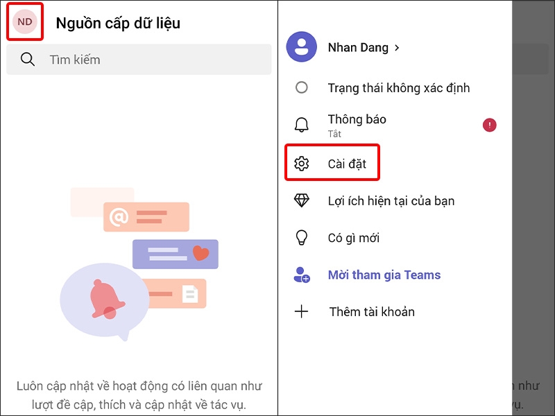 Nhấn vào biểu tượng Tài khoản và chọn Cài đặt