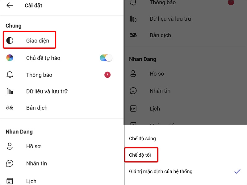 Nhấn vào Giao diện và chọn Giao diện mà bạn muốn sử dụng