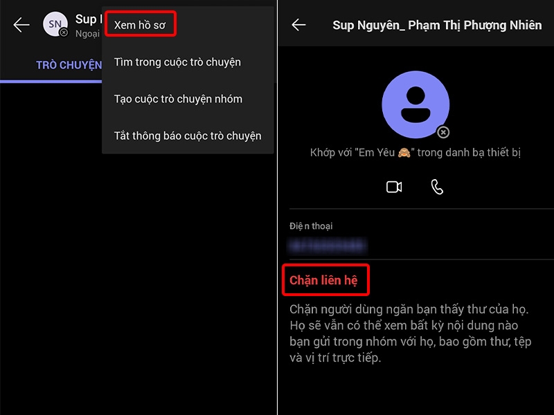 Chọn Xem hồ sơ và nhấn vào Chặn liên hệ
