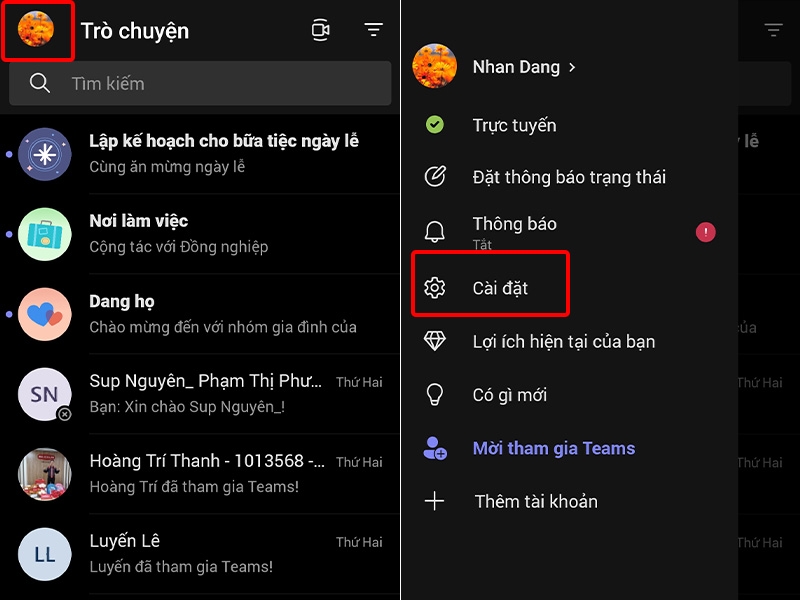 Nhấn vào biểu tượng Tài khoản và chọn Cài đặt
