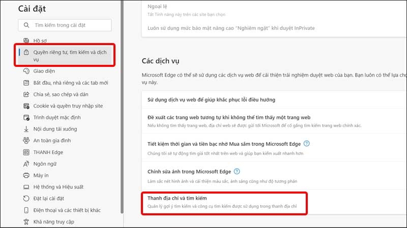 Nhấn vào Quyền riêng tư, tìm kiếm và dịch vụ