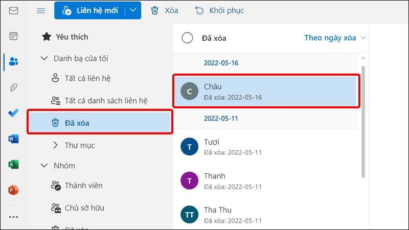 Nhấn vào Đã xóa và chọn liên hệ muốn khôi phục