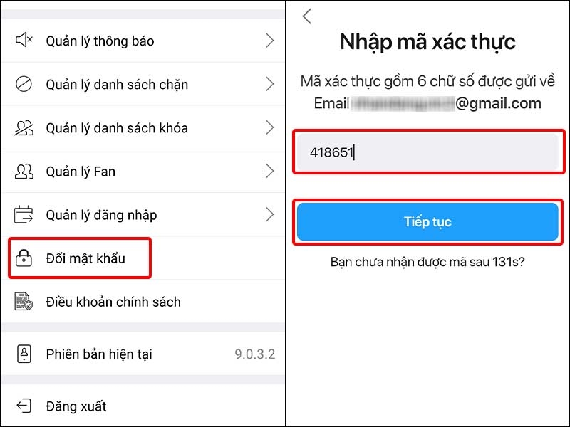 Nhấn vào Đổi mật khẩu và nhập Mã xác thực