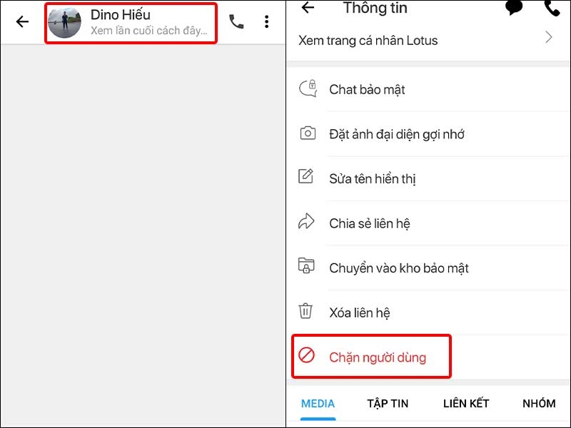 Nhấn vào Ảnh đại diện và chọn Chặn người dùng