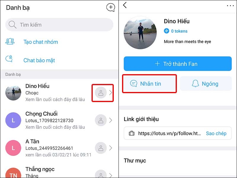 Nhấn vào biểu tượng Tài khoản và chọn Nhắn Tin