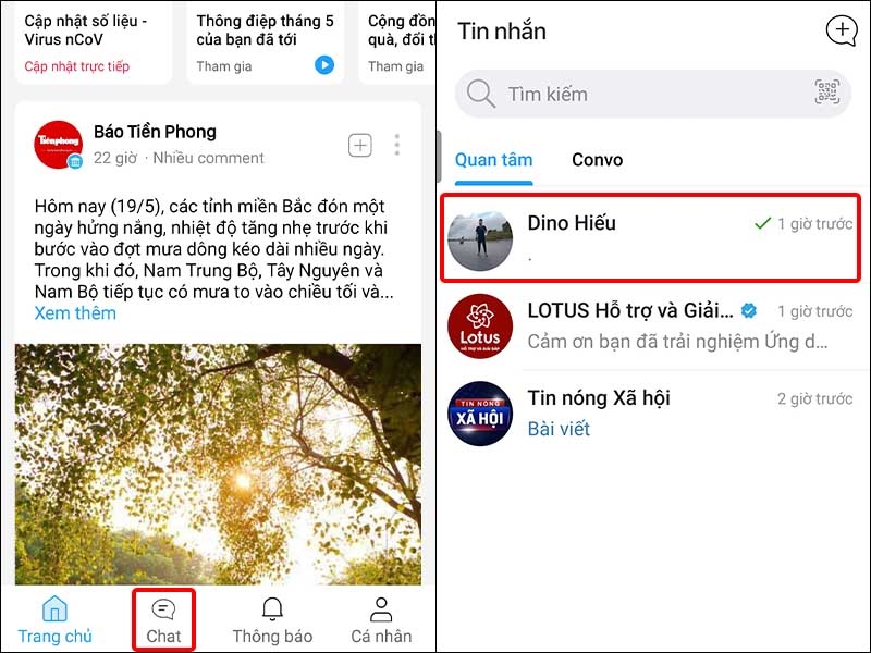Nhấn vào Chat và chọn Liên hệ muốn chặn