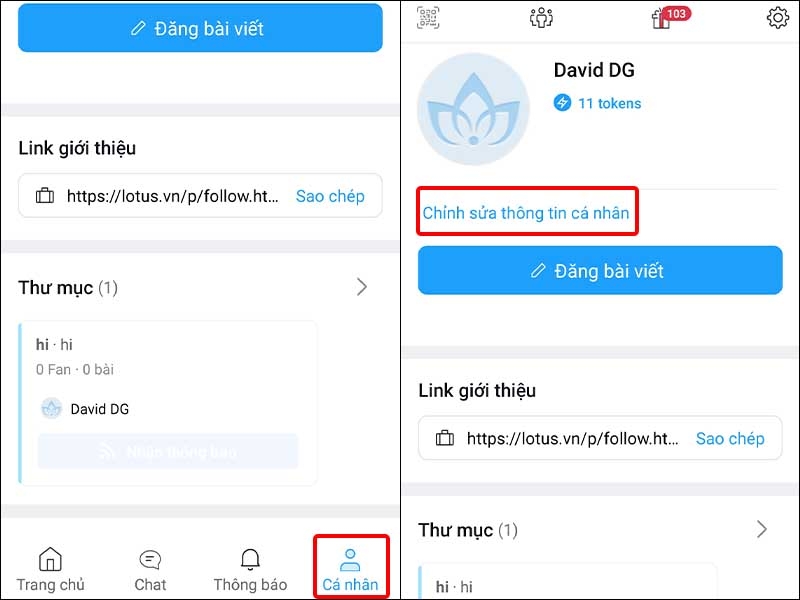 Nhấn vào Cá nhân và chọn Chỉnh sửa thông tin cá nhân