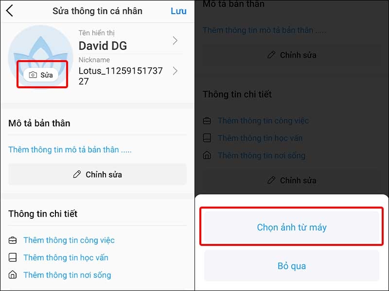 Nhấn vào Sửa và Chọn ảnh từ máy