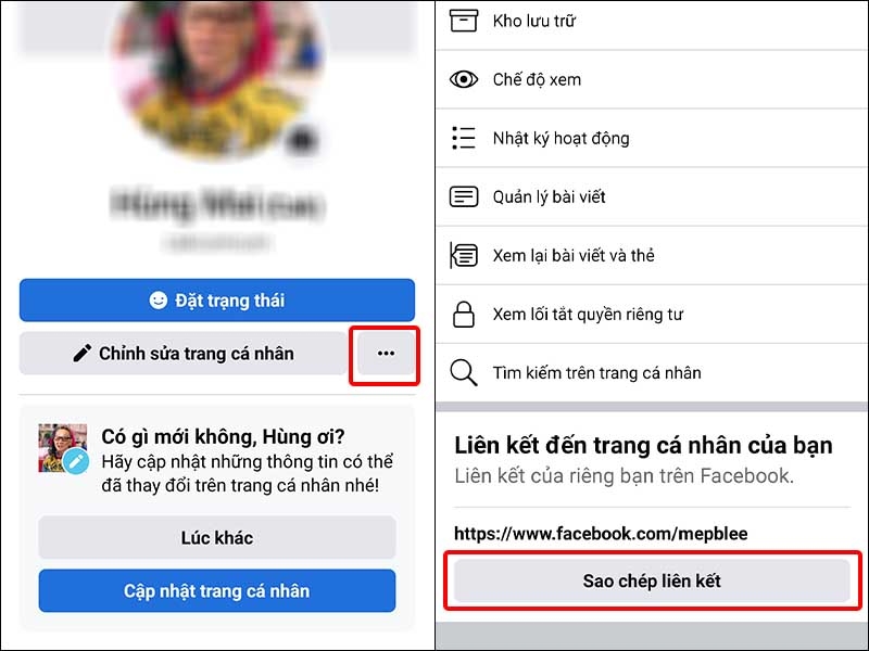 Nhấn vào dấu ba chấm và chọn Sao chép link liên kết