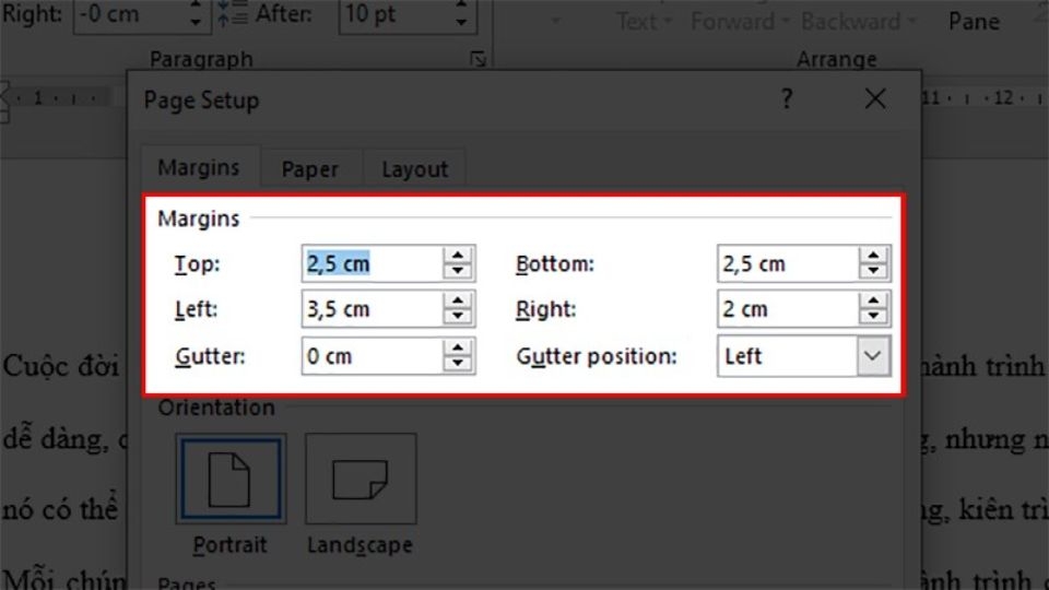 Tại mục Margins thực hiện căn lề