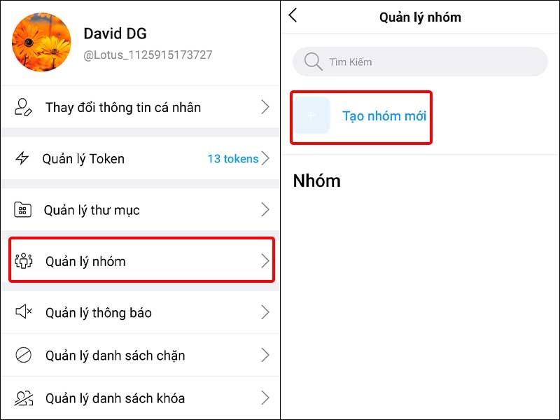 Nhán vào Quản lý nhóm và chọn Tạo nhóm mới