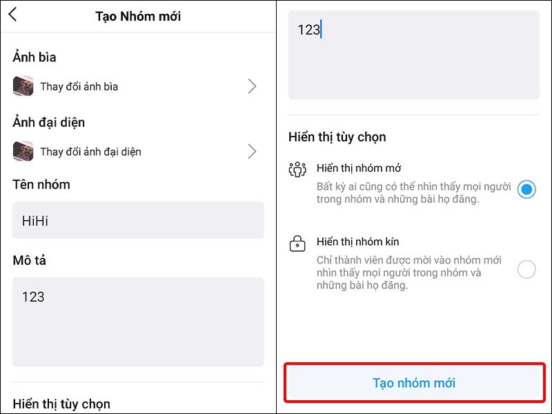 Cập nhật thông tin nhóm và nhấn Tạo nhóm mới