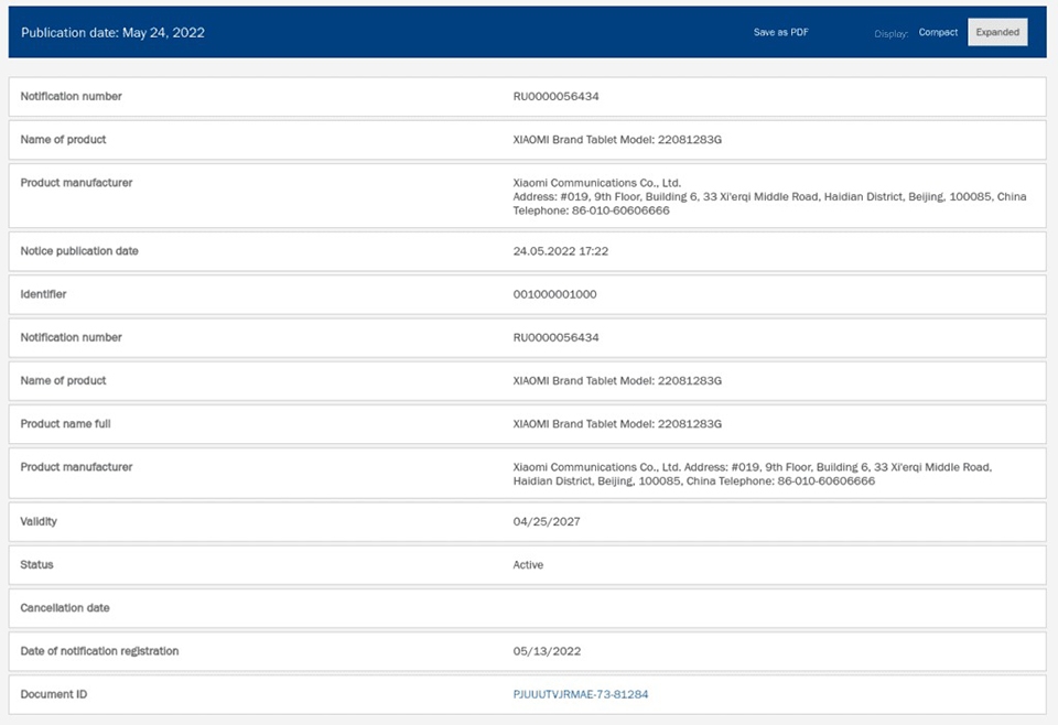 Xiaomi Pad 6 đạt chứng nhận EEC