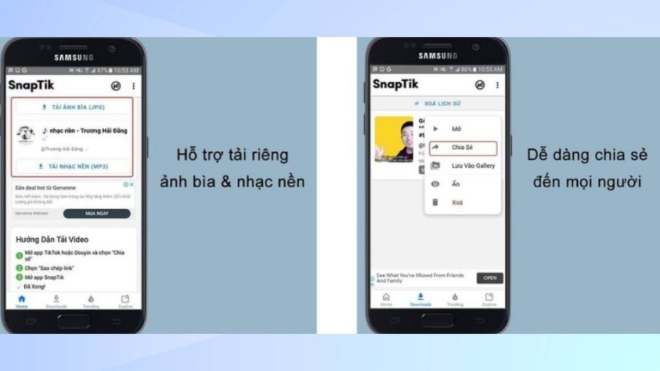 SnapTik hỗ trỡ tải riêng ảnh bìa, nhạc nền và dễ dàng chia sẻ