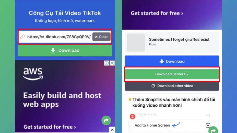 Dán liên kết đã copy vào app SnapTik