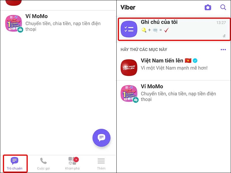 Nhấn vào mục Trò chuyện và chọn Ghi chú của tôi
