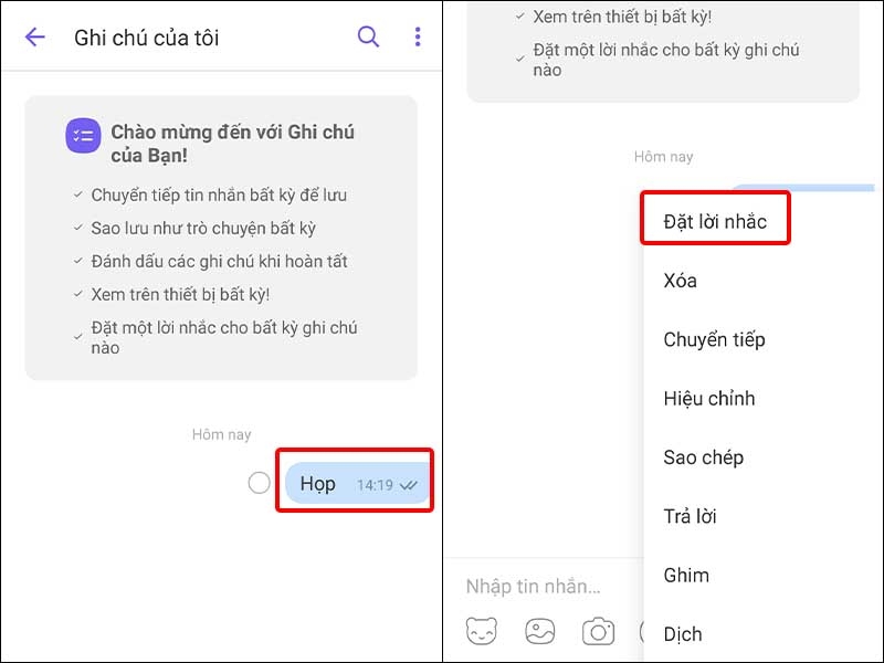 Nhấn giữ nội dung ghi chú và chọn Đặt lời nhắc