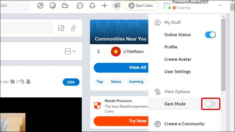 Kích hoạt chế độ Dark mode
