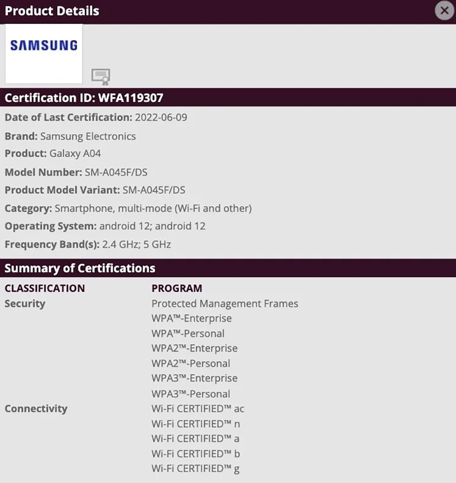 Galaxy A04 đạt chứng nhận Wi-Fi