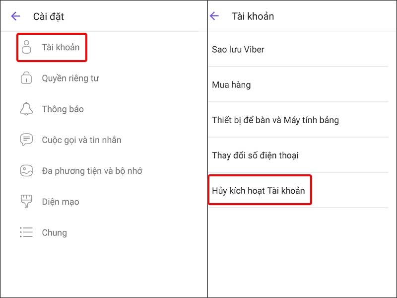 Nhấn vào Tài khoản và chọn Hủy kích hoạt Tài khoản
