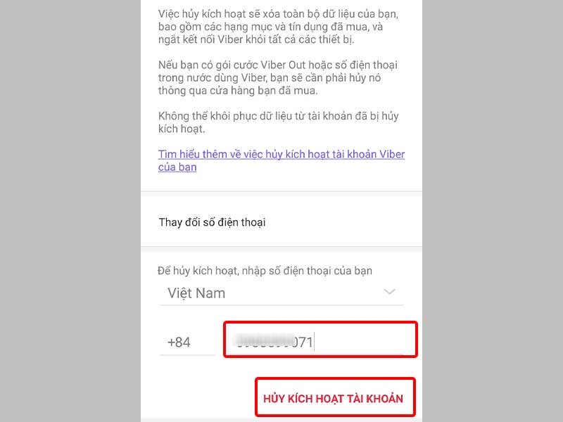 Nhấn HỦY KÍCH HOẠT TÀI KHOẢN