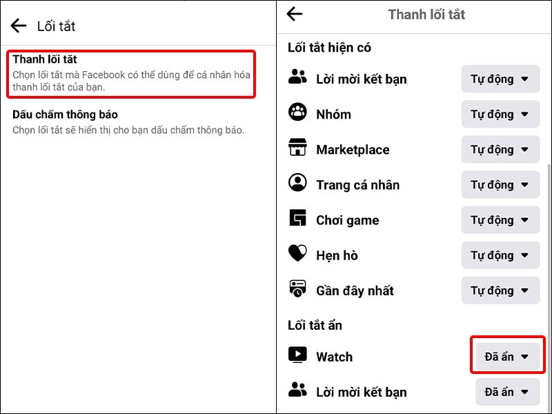 Chọn vào Thanh lối tắt